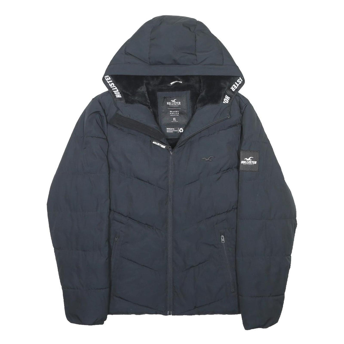 HOLLISTER Mens Black XL Puffer Jacket Polyester Zip Hooded Casual Outerwear
