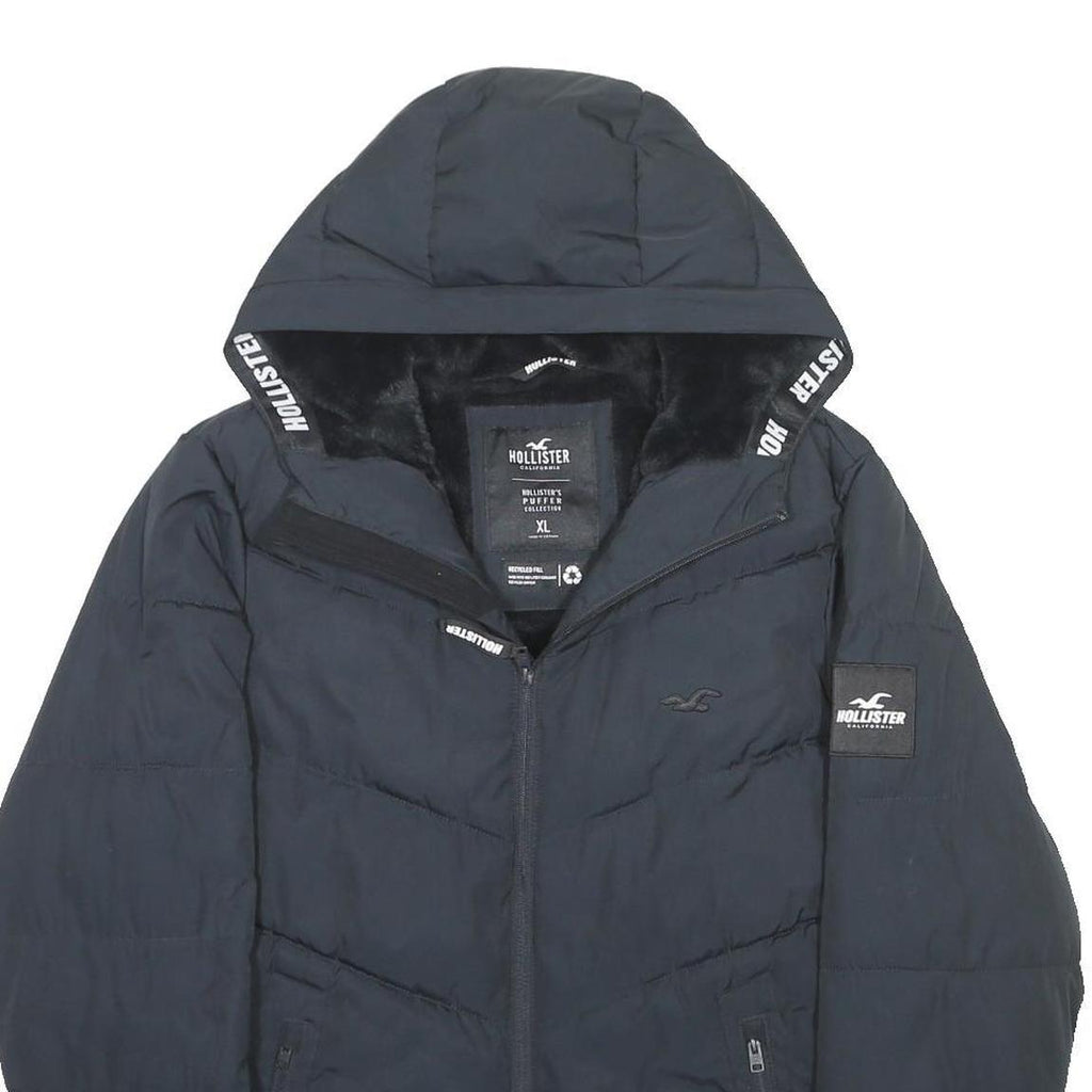 HOLLISTER Mens Black XL Puffer Jacket Polyester Zip Hooded Casual Outerwear