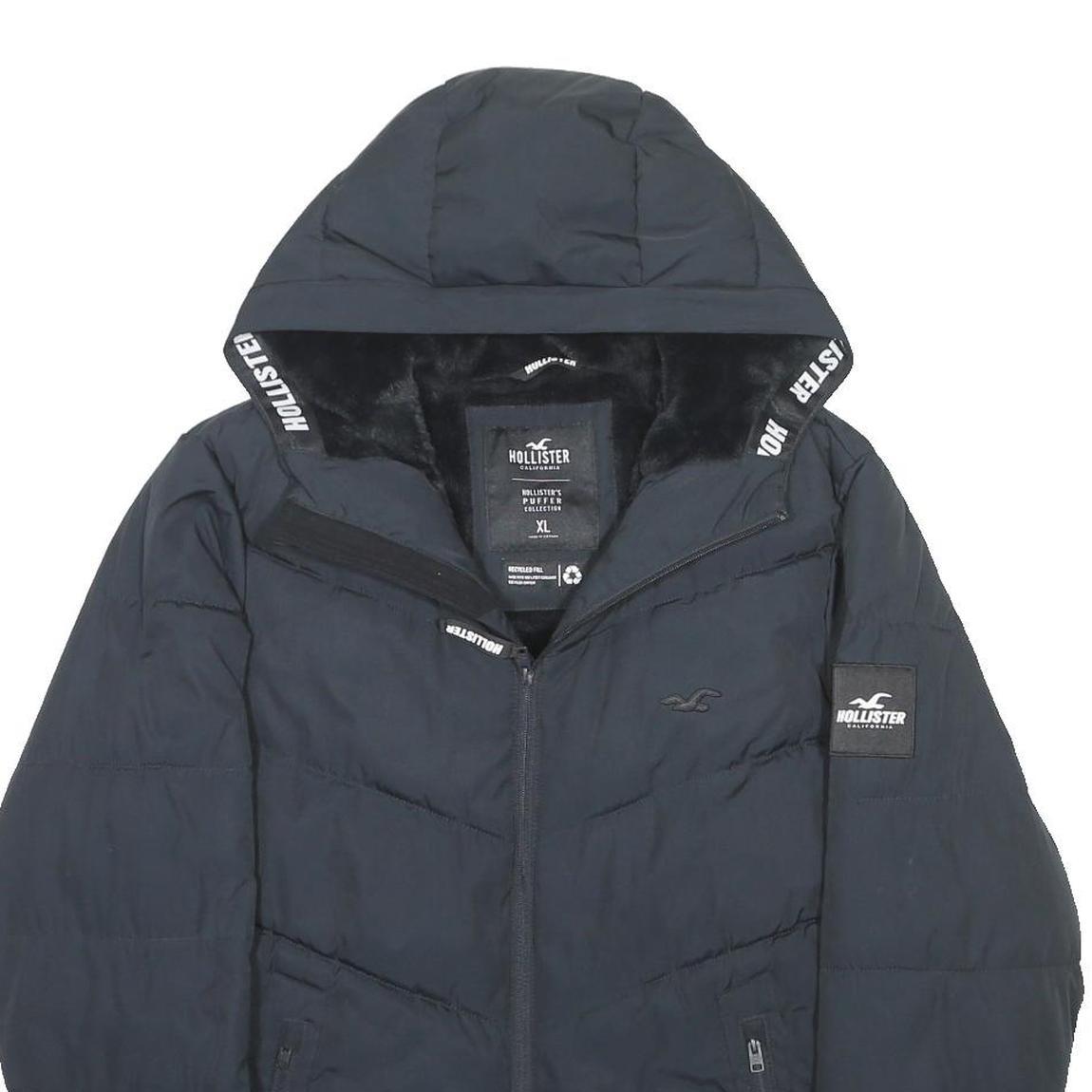 HOLLISTER Mens Black XL Puffer Jacket Polyester Zip Hooded Casual Outerwear