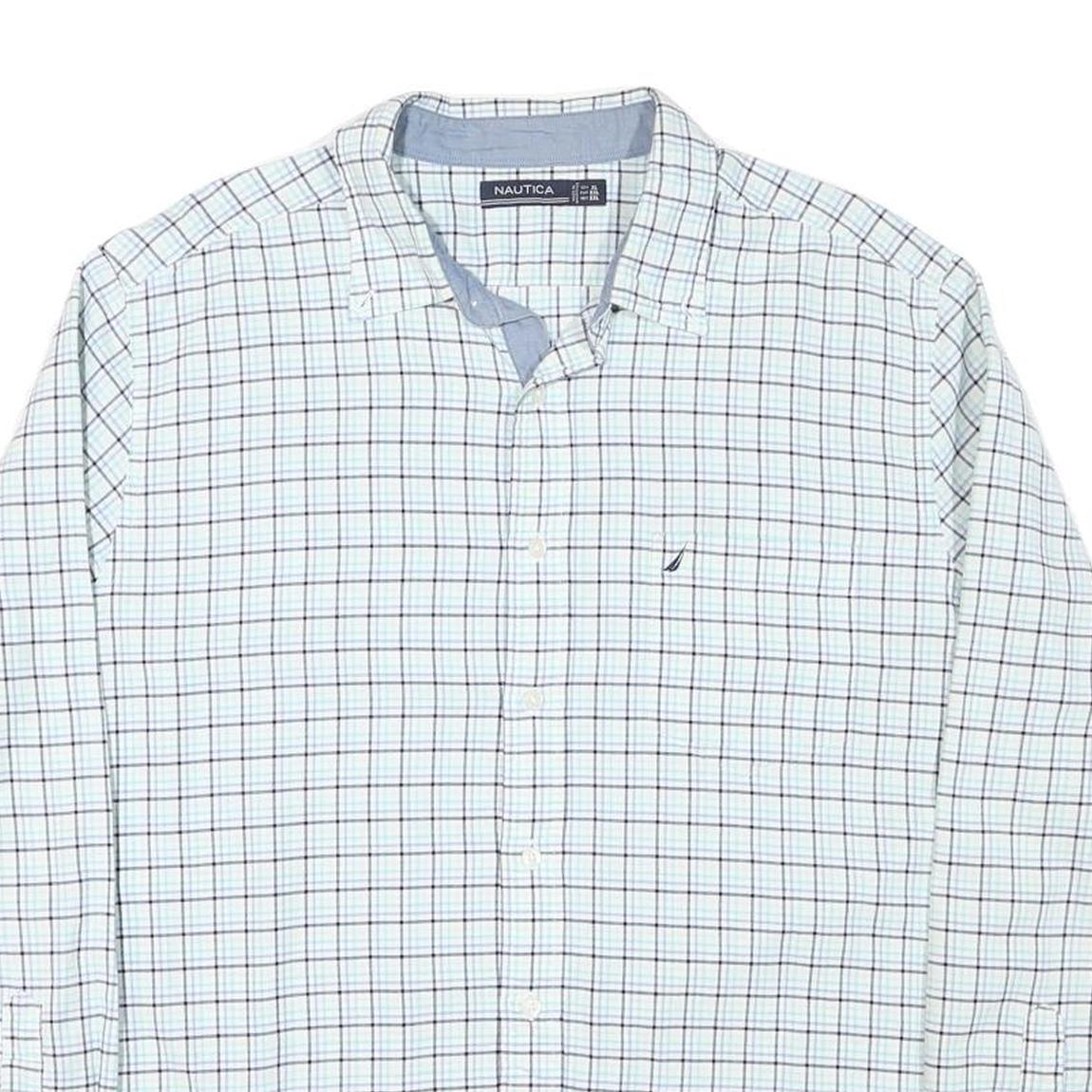 NAUTICA Mens White & Blue Check Shirt XL Cotton Blend Long Sleeve Classic Fit