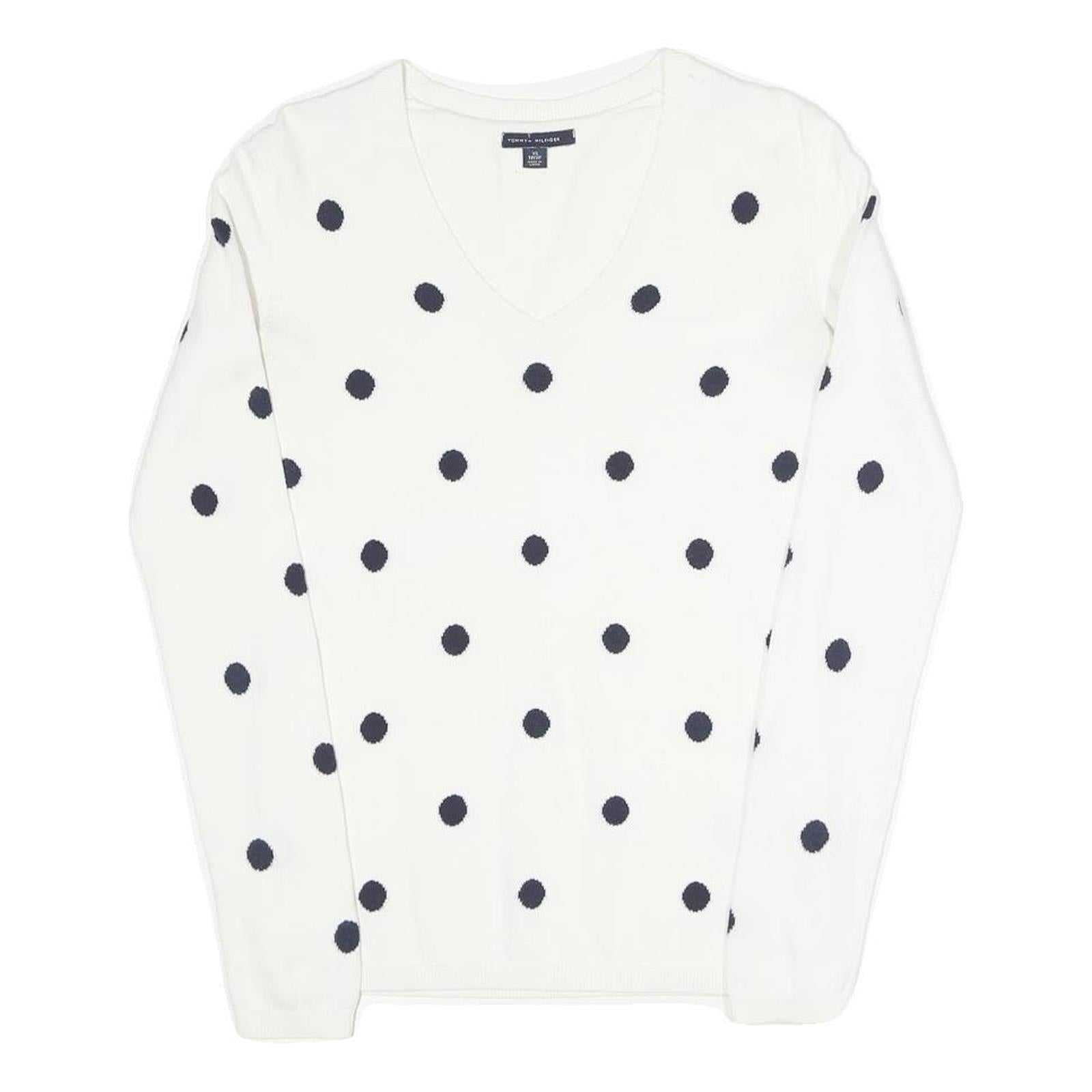 TOMMY HILFIGER Womens White & Navy Polka Dot Patterned Cotton Blend Jumper