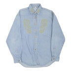 Mens Blue Light Denim Embroidered Cotton Blend Shirt M Casual Long Sleeve