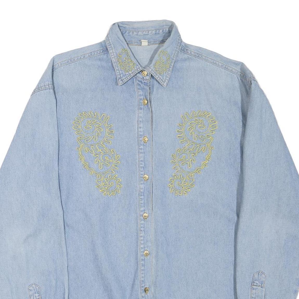 Mens Blue Light Denim Embroidered Cotton Blend Shirt M Casual Long Sleeve