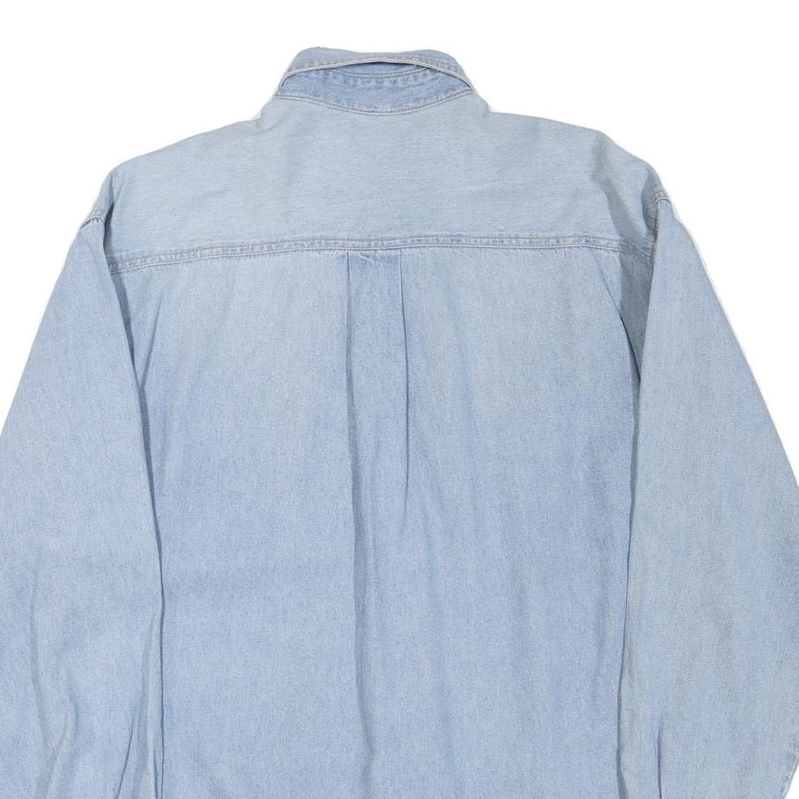 Mens Blue Light Denim Embroidered Cotton Blend Shirt M Casual Long Sleeve