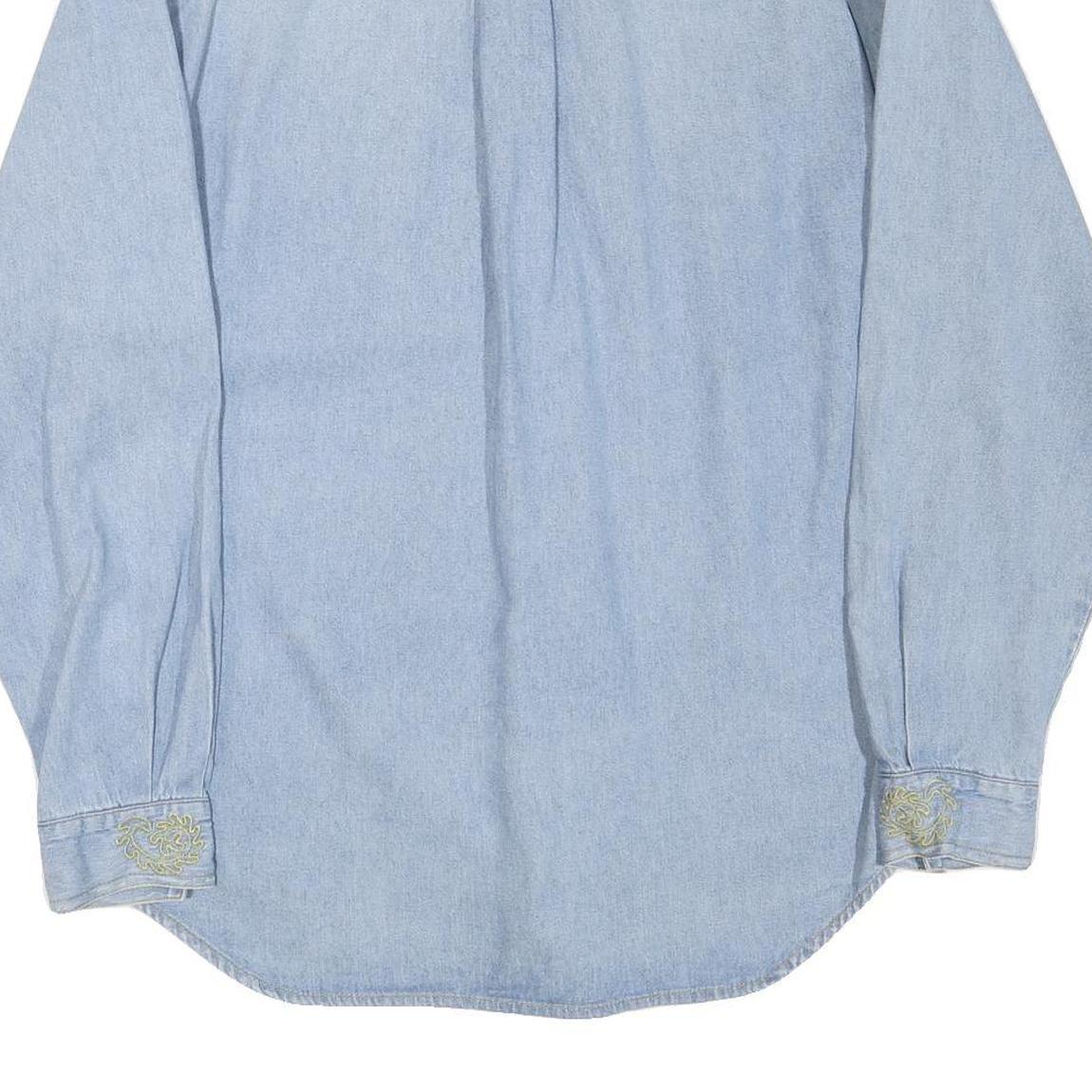 Mens Blue Light Denim Embroidered Cotton Blend Shirt M Casual Long Sleeve