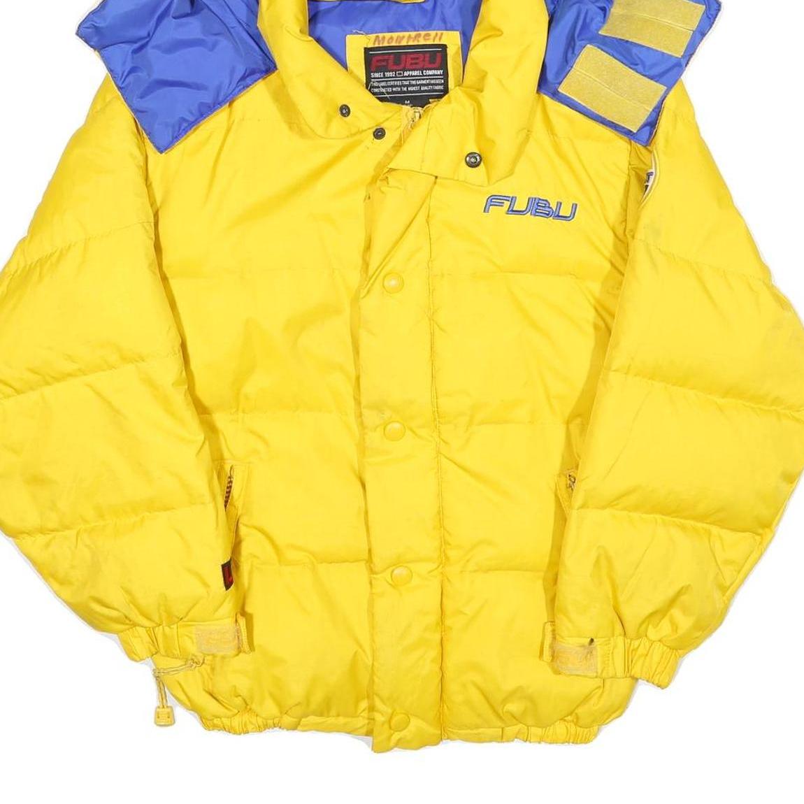 FUBU Womens Yellow & Blue Puffer Jacket M Polyester Zip Hooded Casual Winter