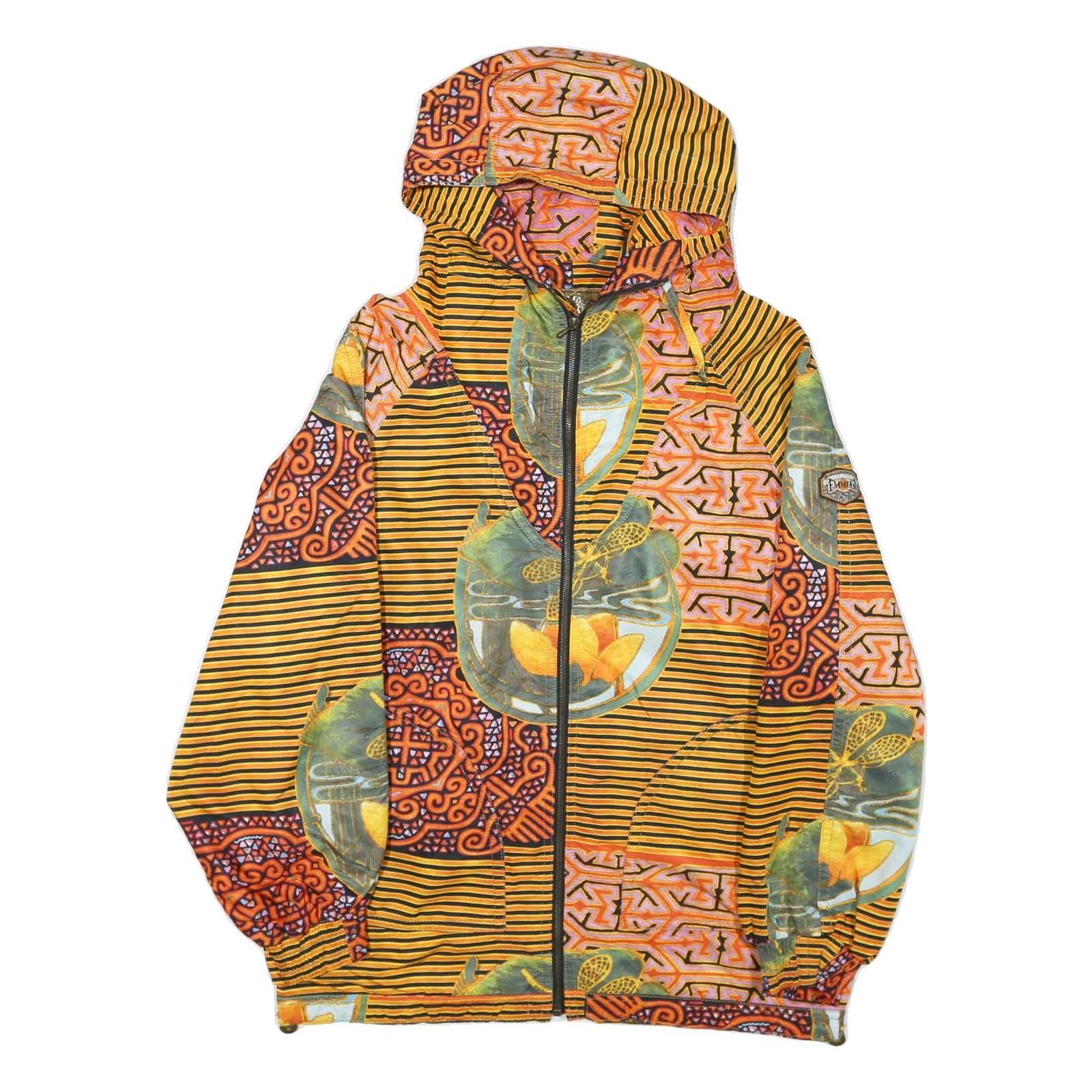 EMMEGI Womens Yellow & Orange Graphic Zip Hooded Jacket L Polyester Blend