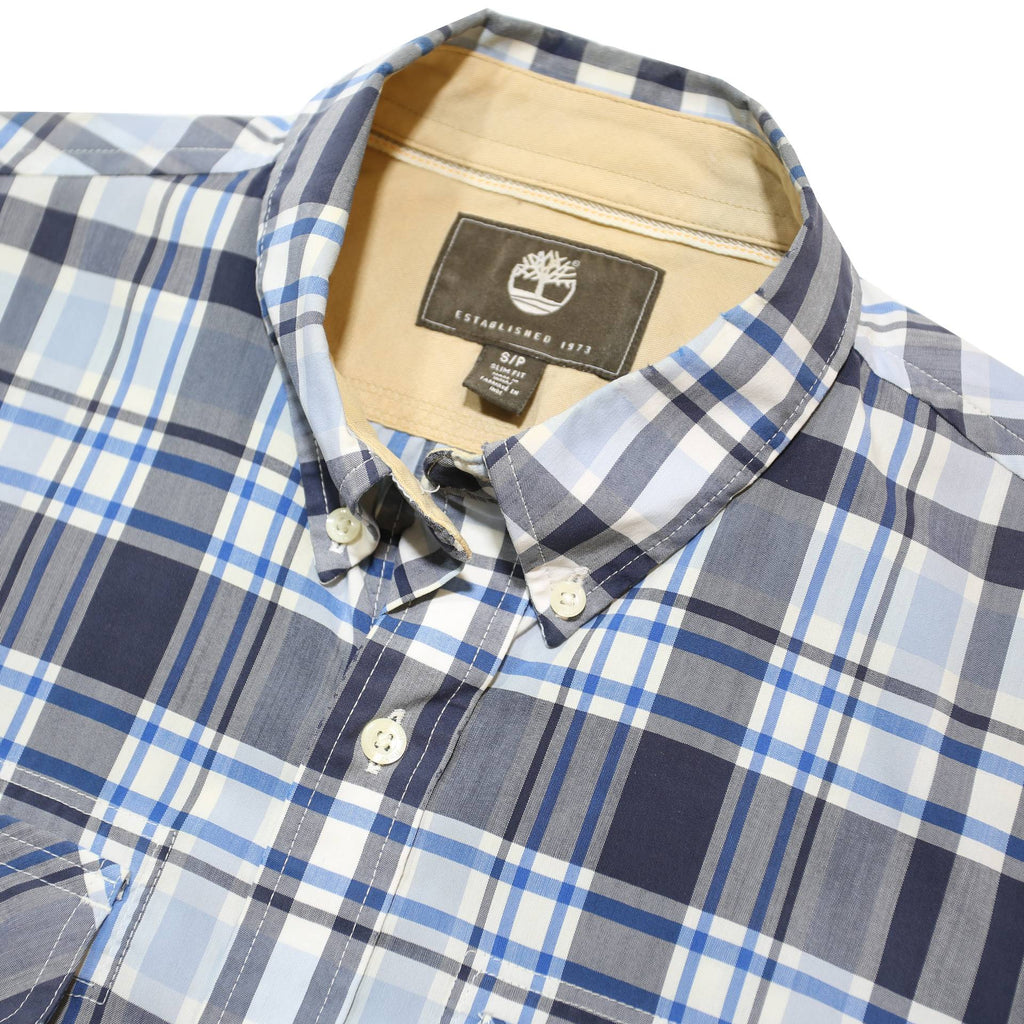 TIMBERLAND Mens Blue Check Shirt S Casual Short Sleeve Button Down Pockets