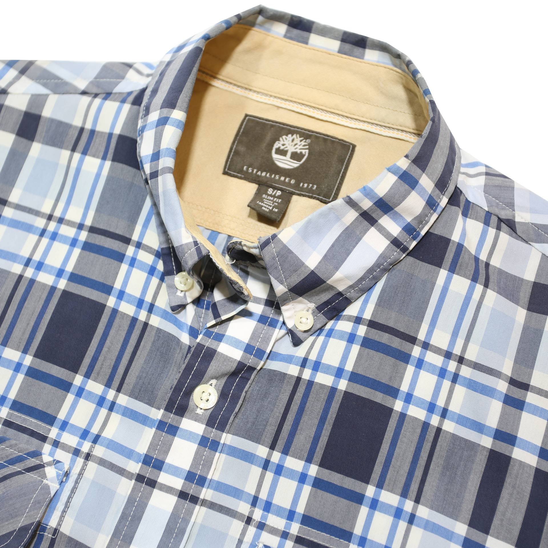 TIMBERLAND Mens Blue Check Shirt S Casual Short Sleeve Button Down Pockets