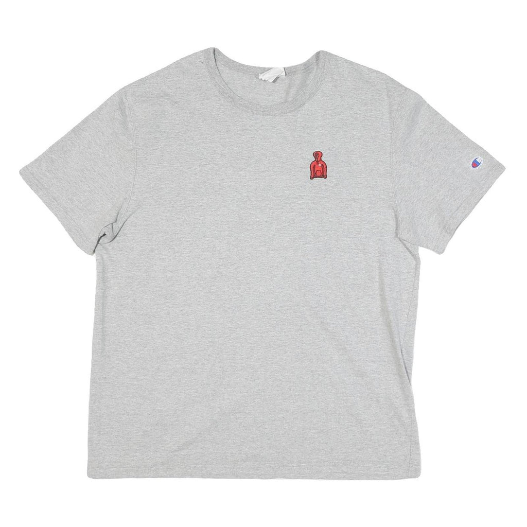 CHAMPION Mens Grey Modern T-Shirt L Short Sleeve Crew Neck Red Logo Embroidery