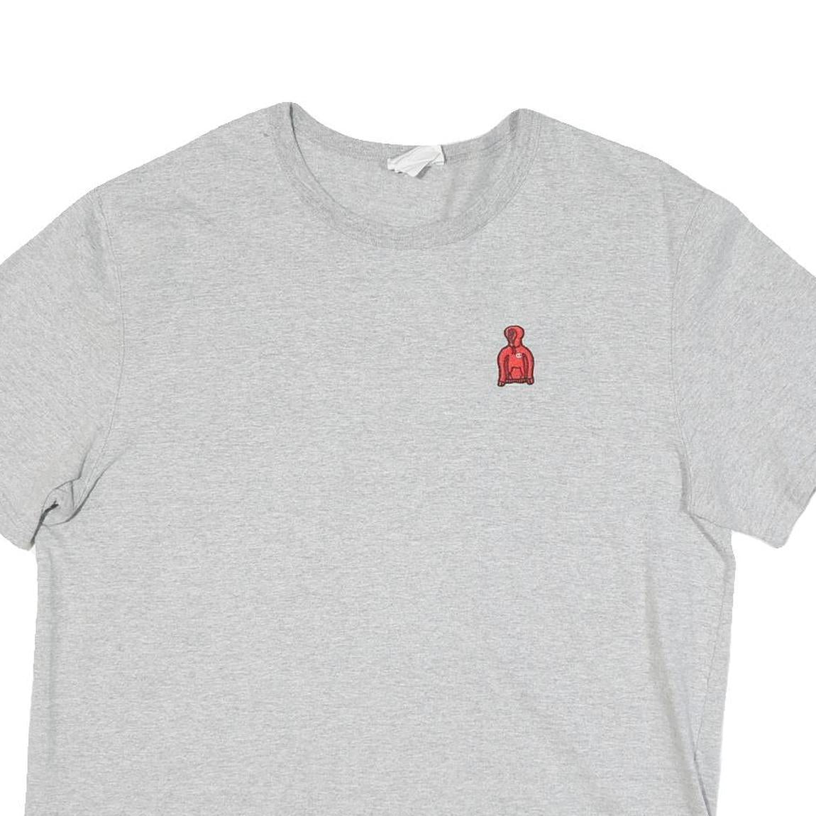 CHAMPION Mens Grey Modern T-Shirt L Short Sleeve Crew Neck Red Logo Embroidery