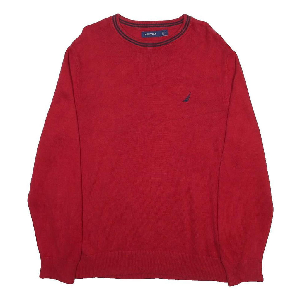 NAUTICA Mens Red Plain Jumper Crew Neck Basic Knit L Cotton Casual Comfortable