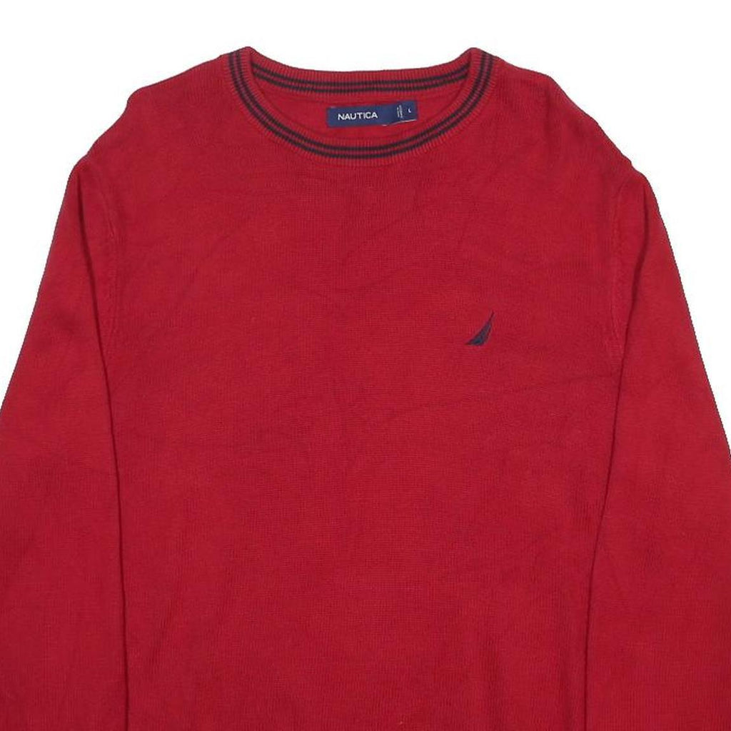 NAUTICA Mens Red Plain Jumper Crew Neck Basic Knit L Cotton Casual Comfortable