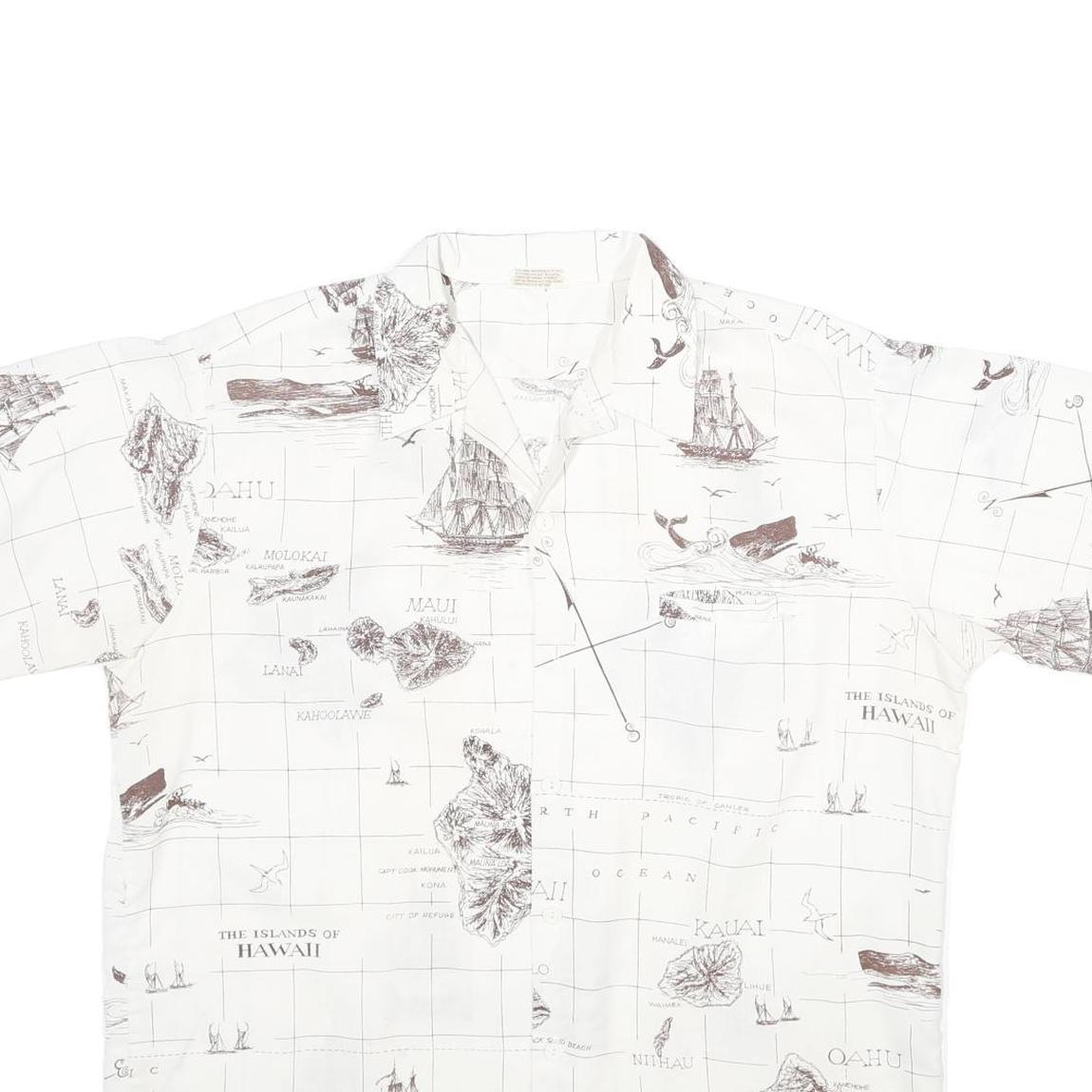 MR HAWAII INC Mens White Shirt L Map Print Cotton Blend Casual Tropical