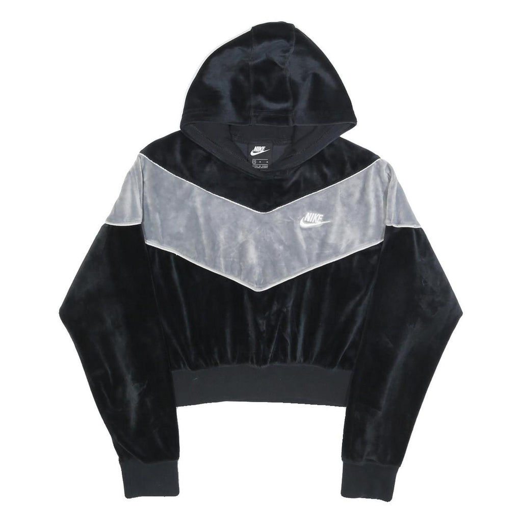NIKE Womens Black & Grey Velvet Cropped Hoodie M Stylish Casual Sweatshirt