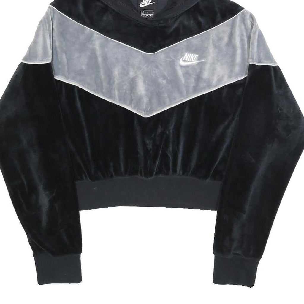 NIKE Womens Black & Grey Velvet Cropped Hoodie M Stylish Casual Sweatshirt