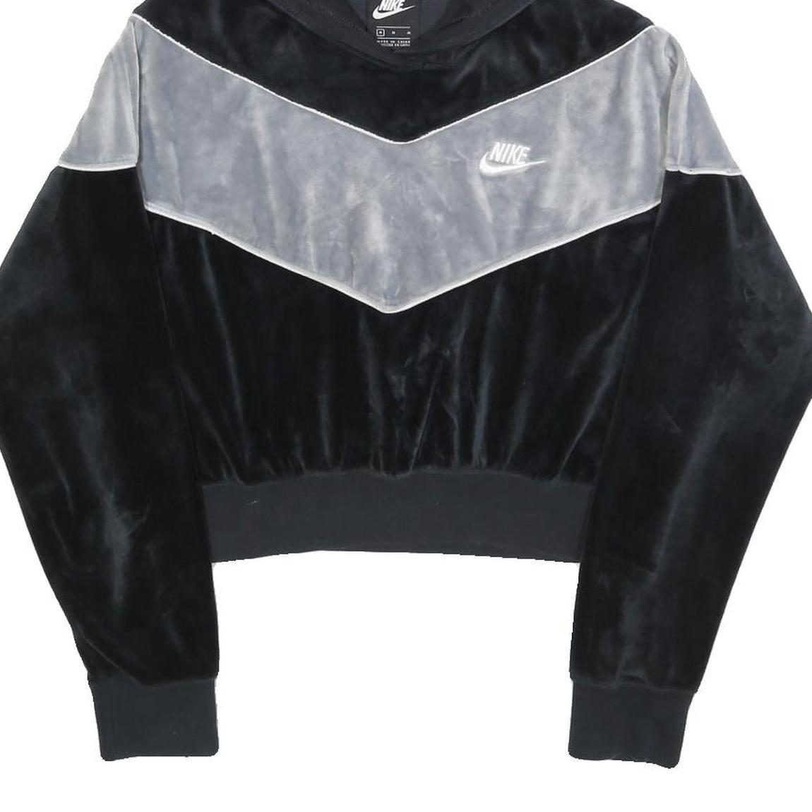 NIKE Womens Black & Grey Velvet Cropped Hoodie M Stylish Casual Sweatshirt