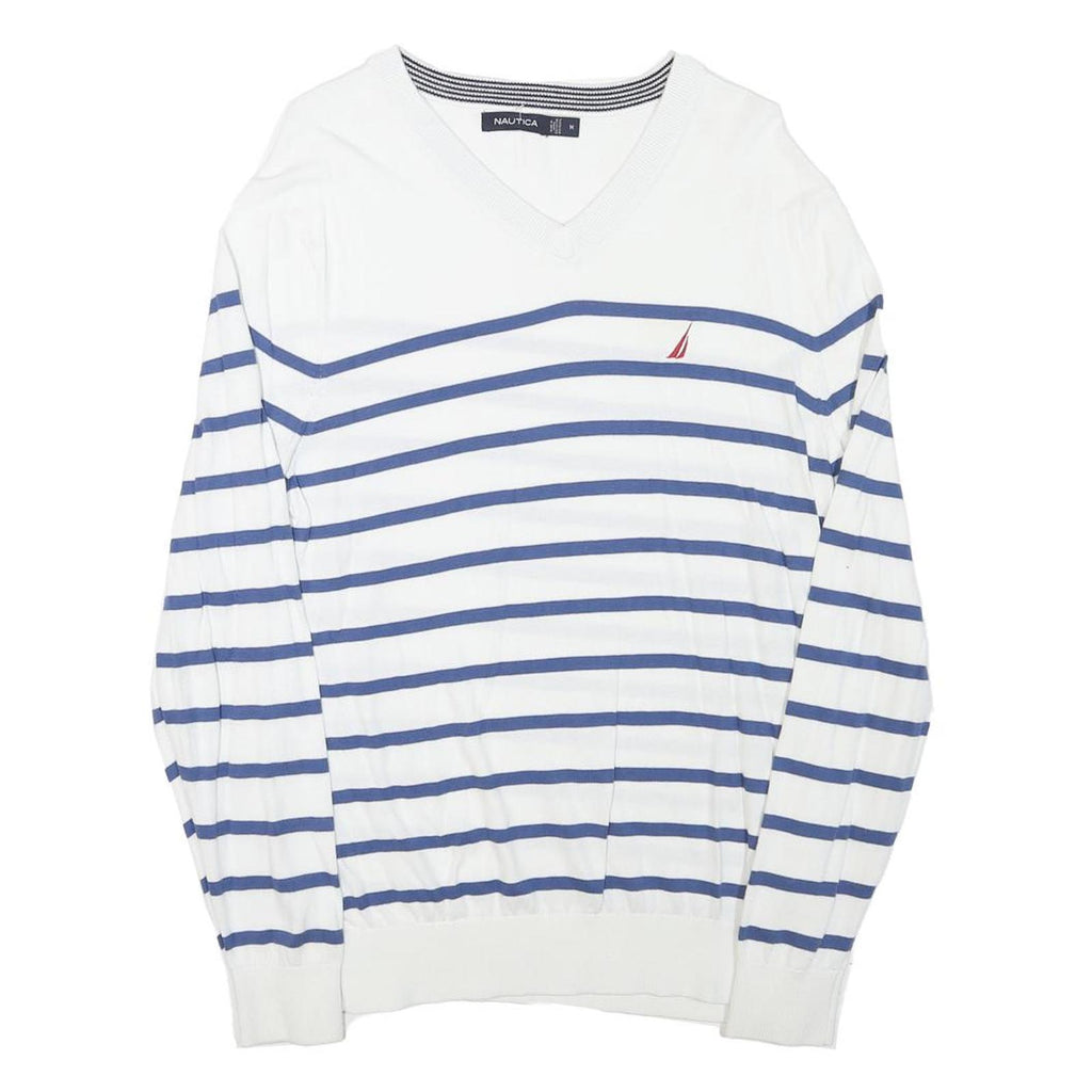 NAUTICA Mens White & Blue Striped Classic V-Neck Cotton Blend Jumper M Crew Neck