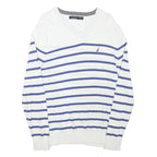 NAUTICA Mens White & Blue Striped Classic V-Neck Cotton Blend Jumper M Crew Neck