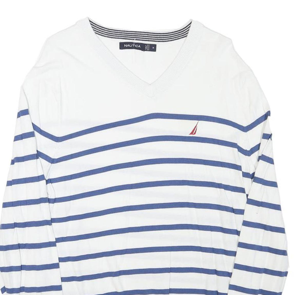 NAUTICA Mens White & Blue Striped Classic V-Neck Cotton Blend Jumper M Crew Neck