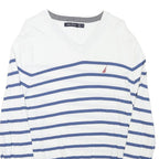 NAUTICA Mens White & Blue Striped Classic V-Neck Cotton Blend Jumper M Crew Neck