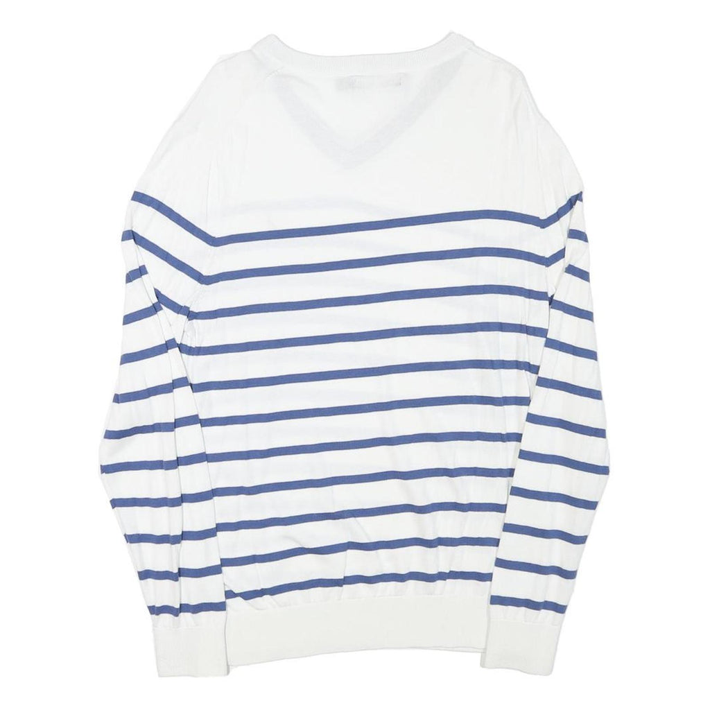 NAUTICA Mens White & Blue Striped Classic V-Neck Cotton Blend Jumper M Crew Neck