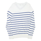 NAUTICA Mens White & Blue Striped Classic V-Neck Cotton Blend Jumper M Crew Neck