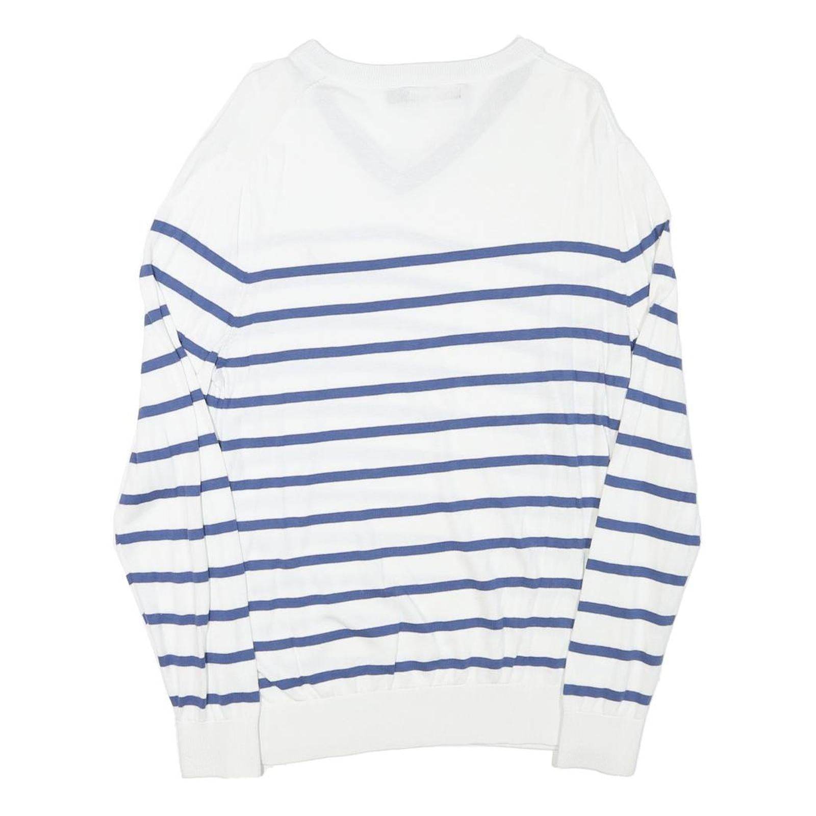 NAUTICA Mens White & Blue Striped Classic V-Neck Cotton Blend Jumper M Crew Neck