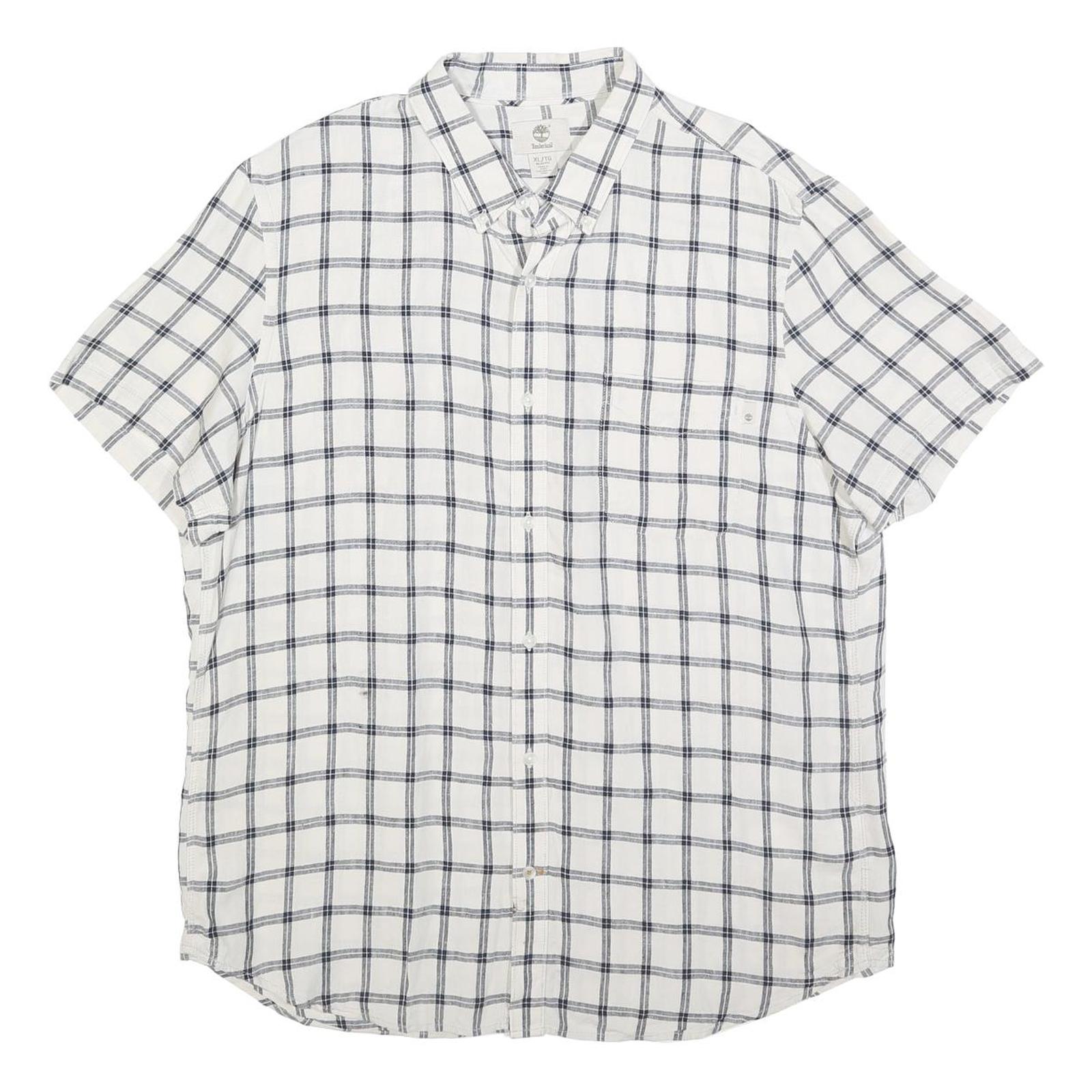TIMBERLAND Mens White & Navy Checked Linen Shirt XL Lightweight Casual Summer