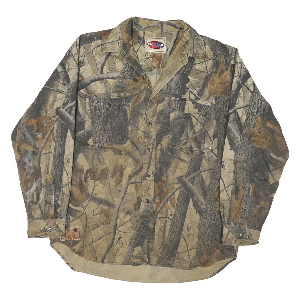PRO GEAR Mens Brown Camouflage Shirt L Cotton Blend Casual Long Sleeve