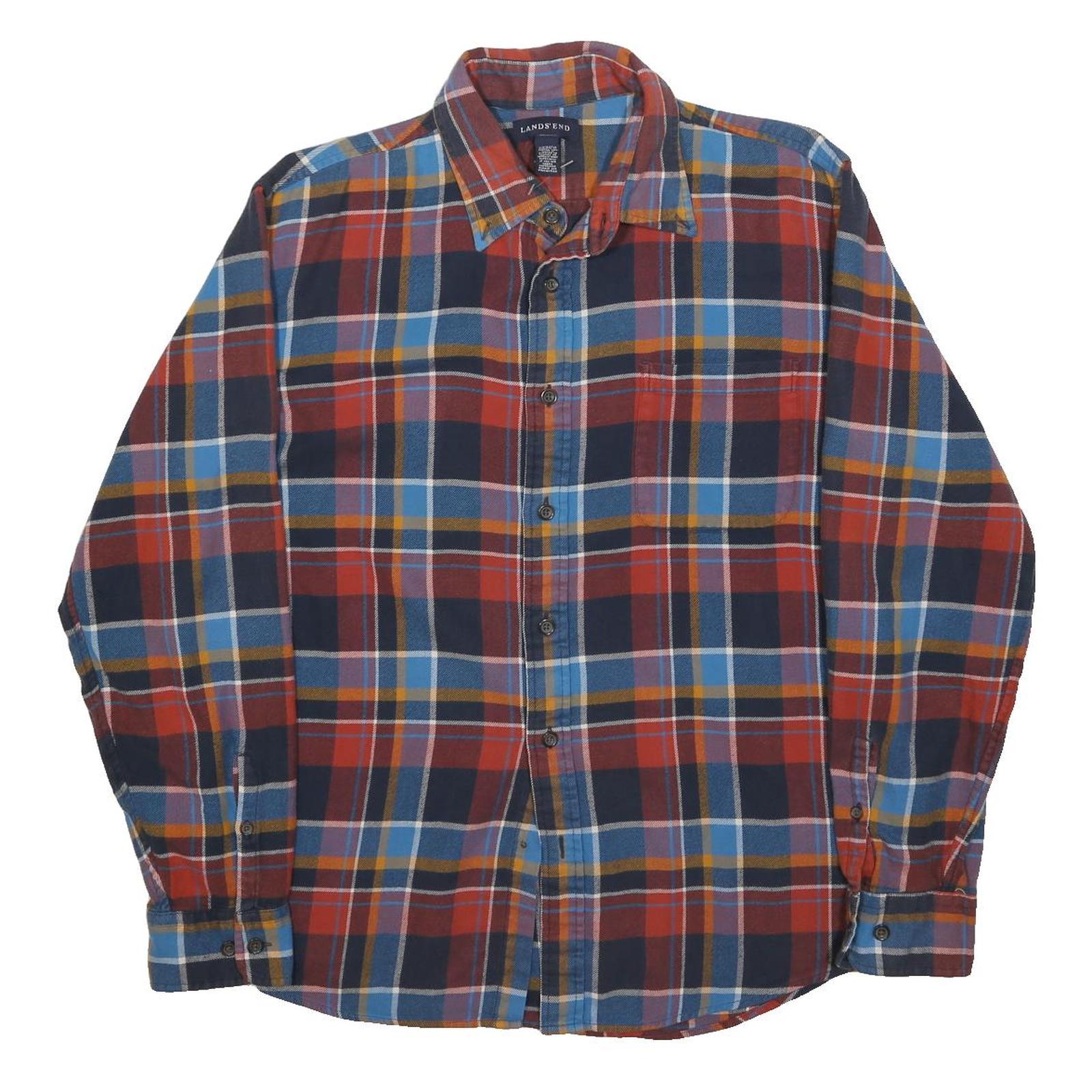 LAND'S END Mens Red & Blue Check Shirt L Cotton Blend Long Sleeve Casual