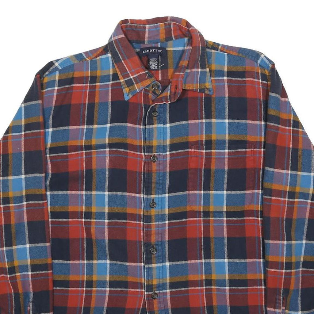 LAND'S END Mens Red & Blue Check Shirt L Cotton Blend Long Sleeve Casual