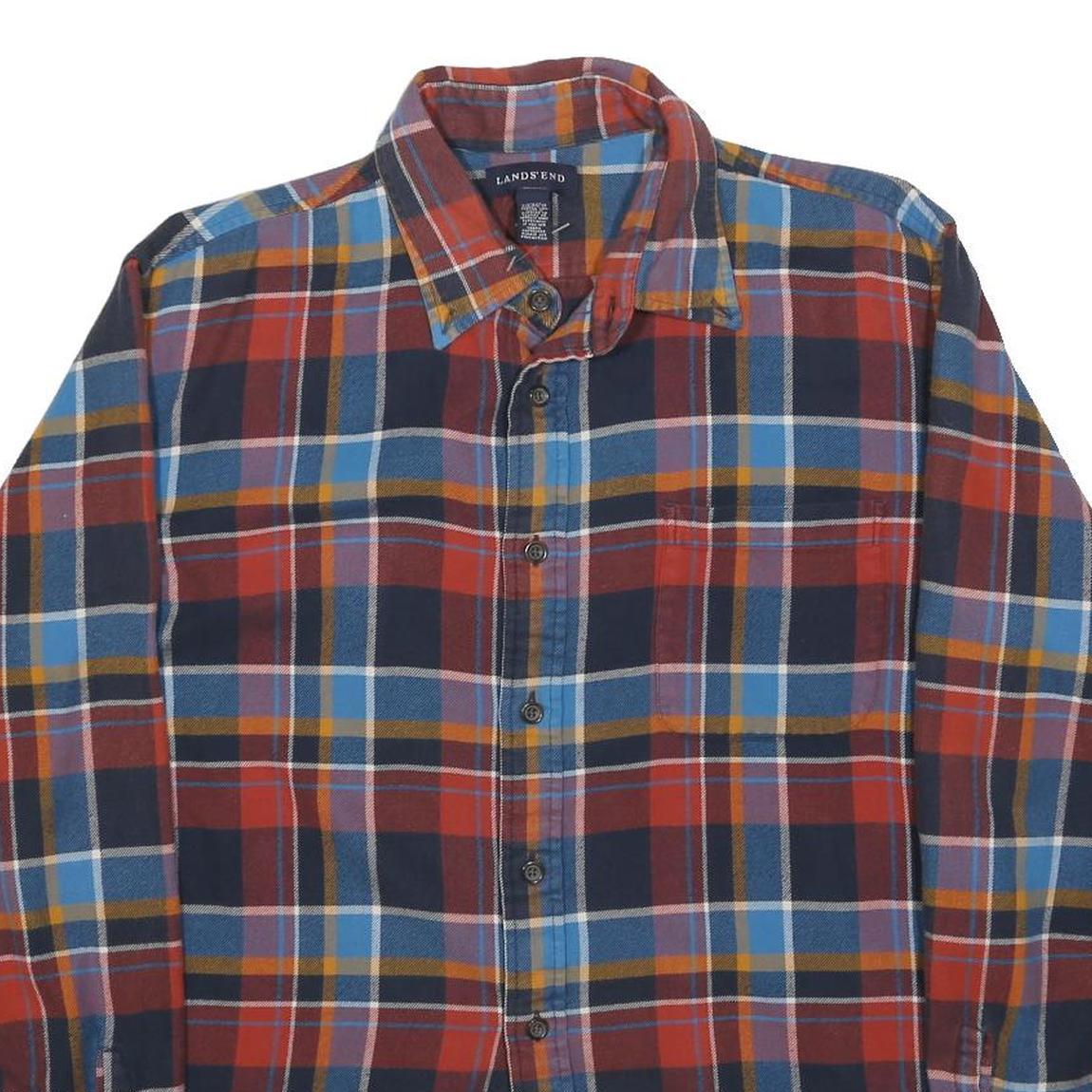 LAND'S END Mens Red & Blue Check Shirt L Cotton Blend Long Sleeve Casual
