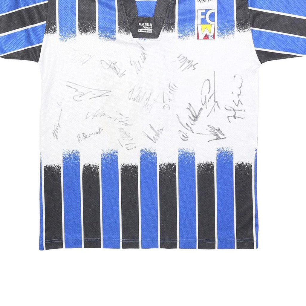 MARKA SPORT Mens Blue & Black Graphic T-Shirt L Short Sleeve V-Neck Zip Sport