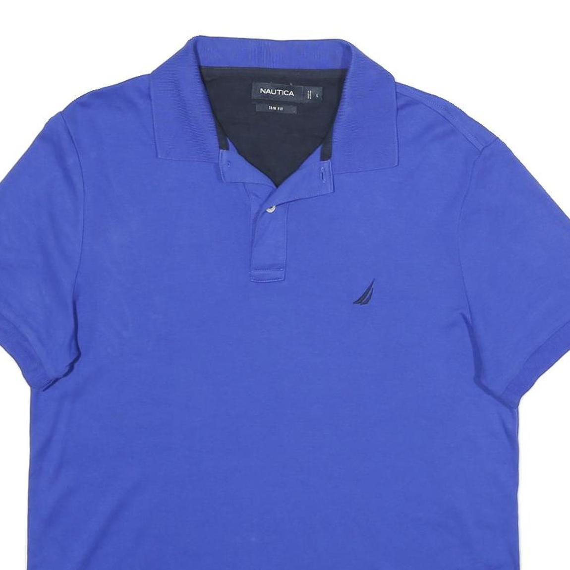 NAUTICA Mens Blue Short Sleeve Plain L Polo Shirt Slim Fit Cotton Blend