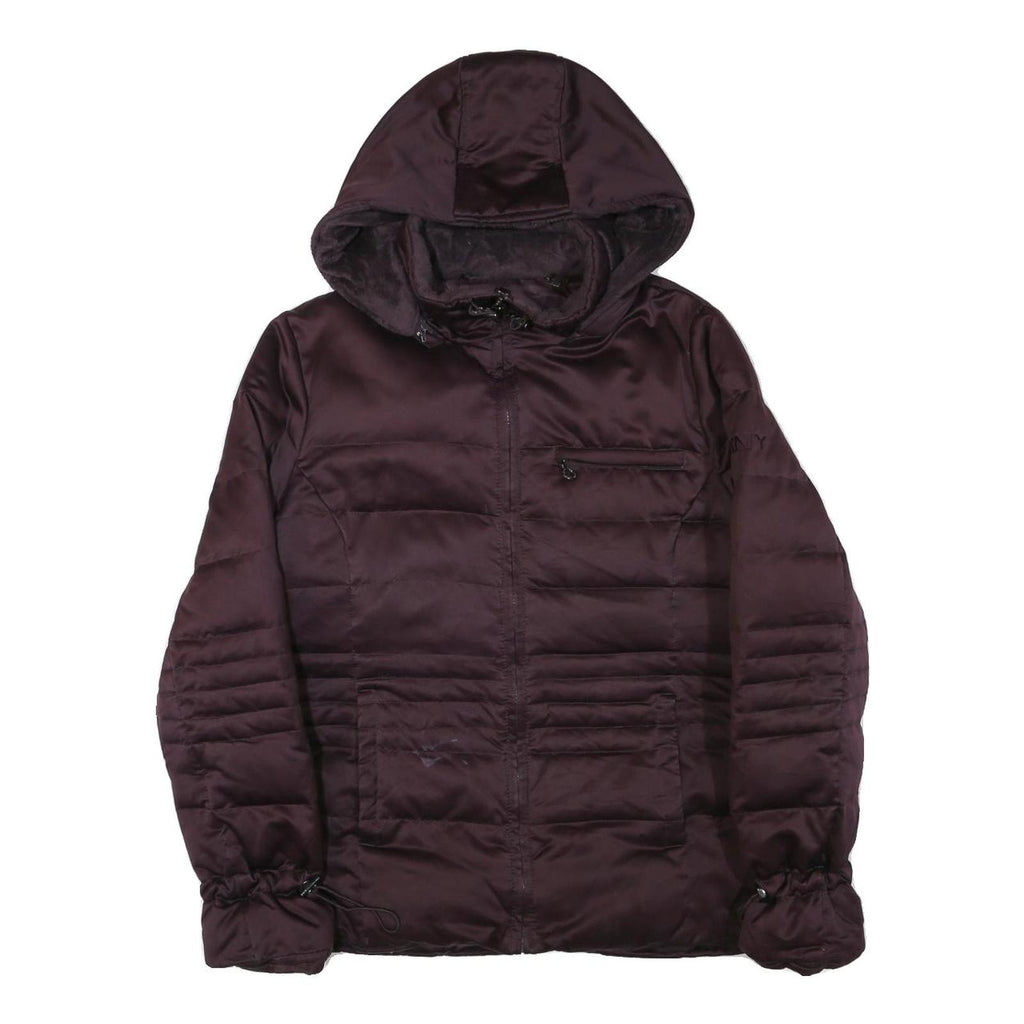 DKNY Womens Maroon Bomber Jacket L Polyester Blend Plain Zip Hooded Stylish