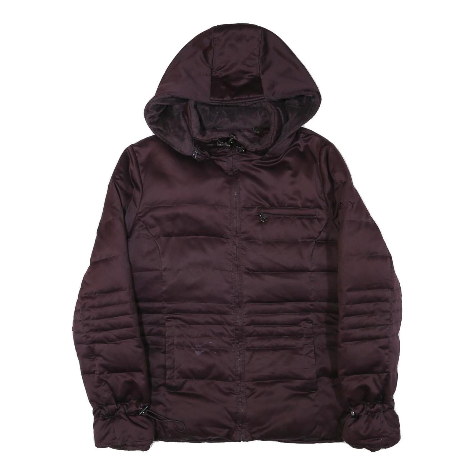 DKNY Womens Maroon Bomber Jacket L Polyester Blend Plain Zip Hooded Stylish