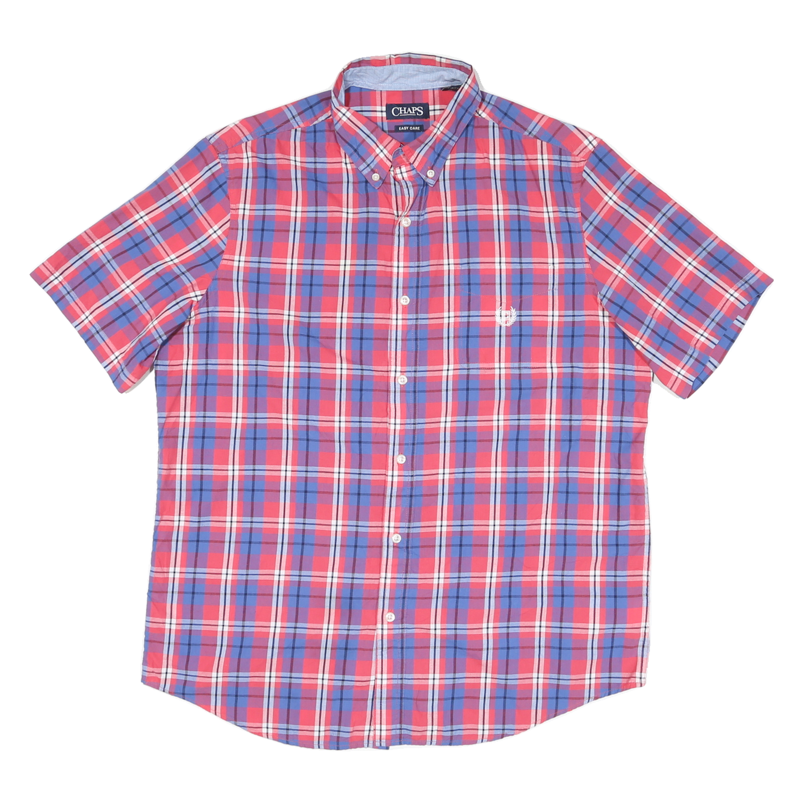 CHAPS Mens Red & Blue Check Shirt L Button-Down Collar Short Sleeve Casual