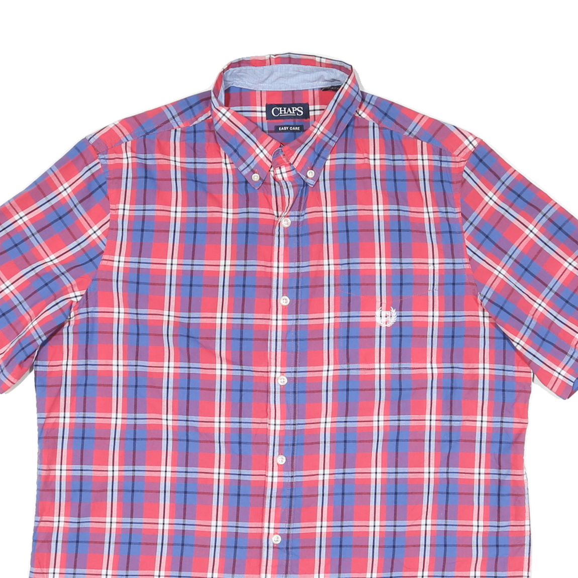 CHAPS Mens Red & Blue Check Shirt L Button-Down Collar Short Sleeve Casual