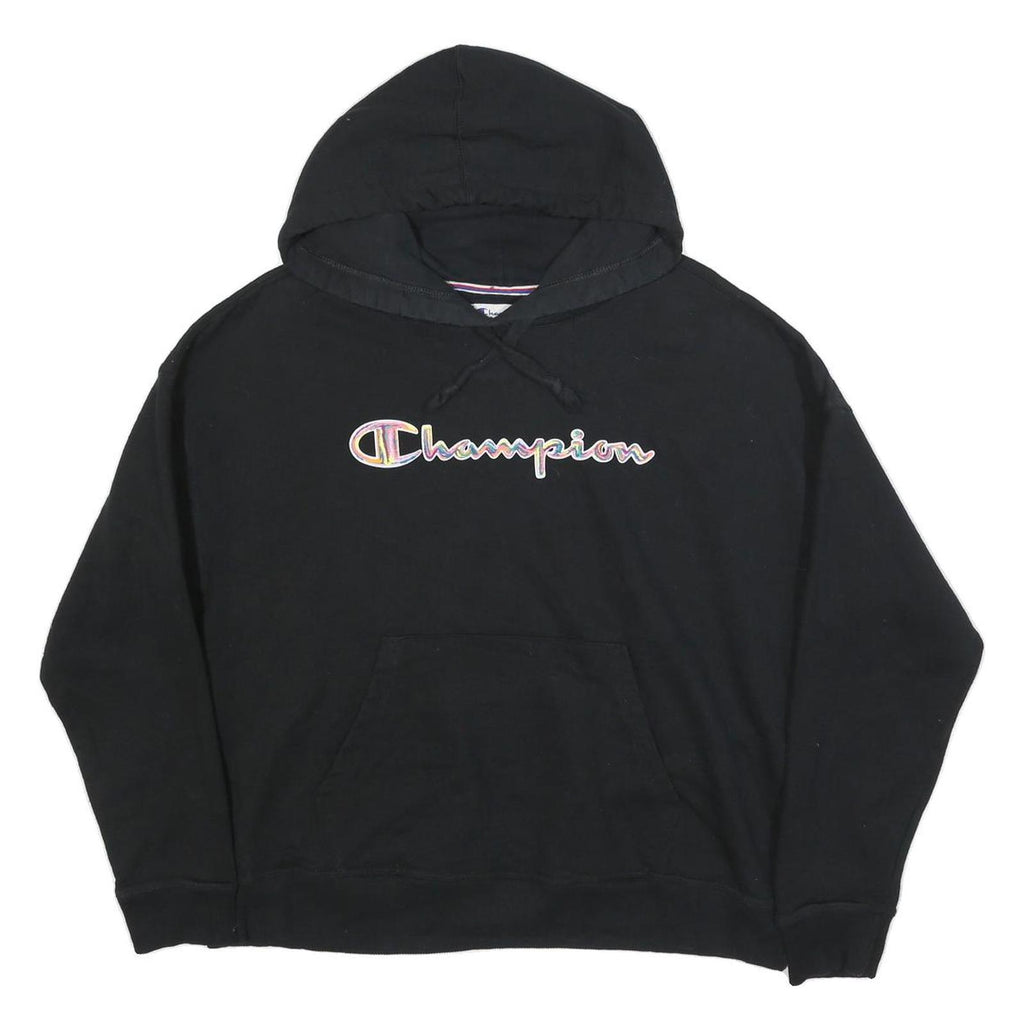 CHAMPION Womens Black Hooded Pullover Hoodie L Embroidered Logo