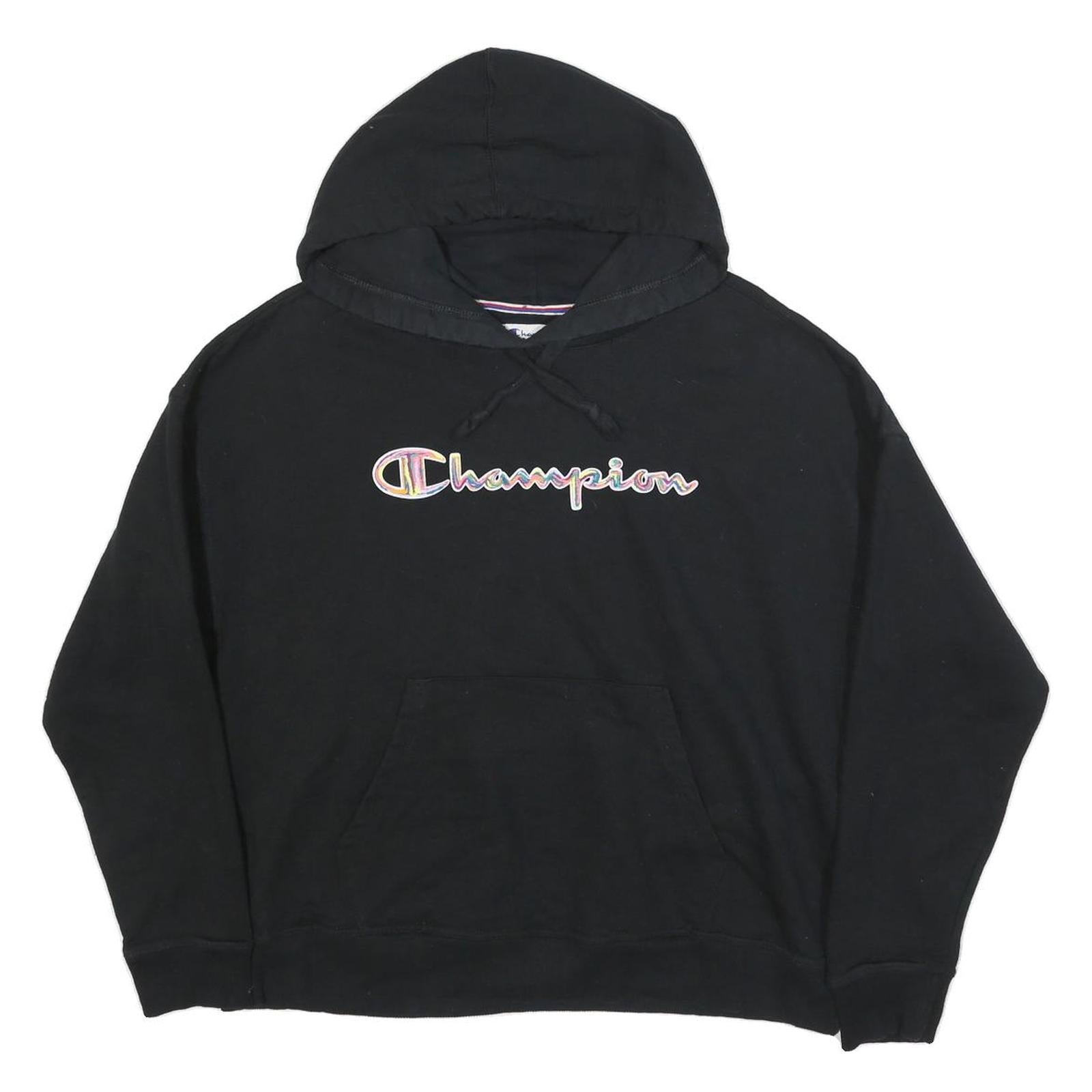 CHAMPION Womens Black Hooded Pullover Hoodie L Embroidered Logo