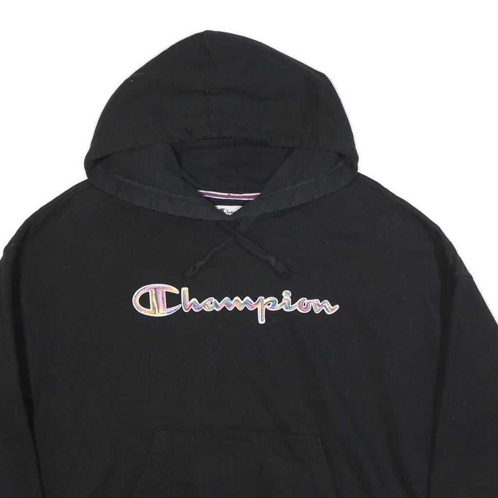 CHAMPION Womens Black Hooded Pullover Hoodie L Embroidered Logo