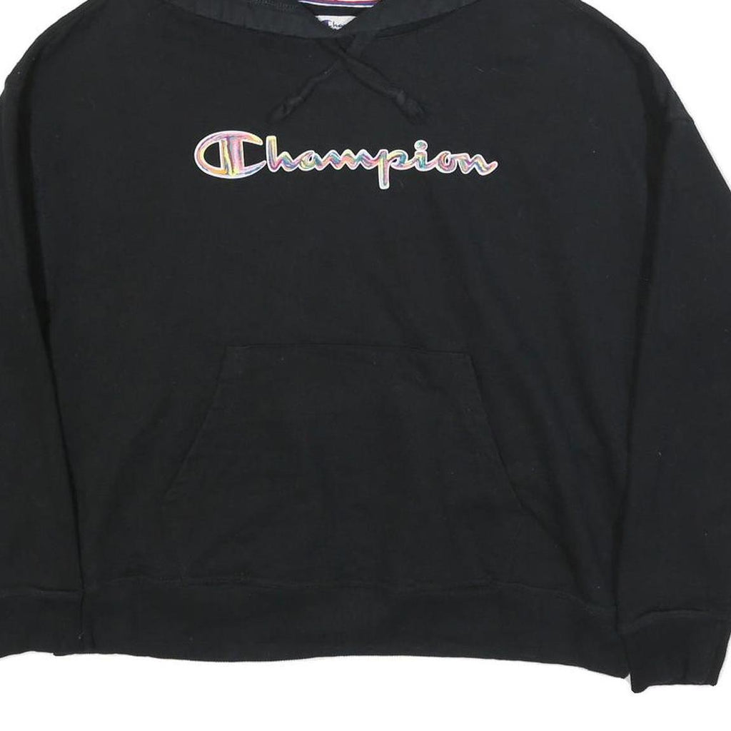 CHAMPION Womens Black Hooded Pullover Hoodie L Embroidered Logo