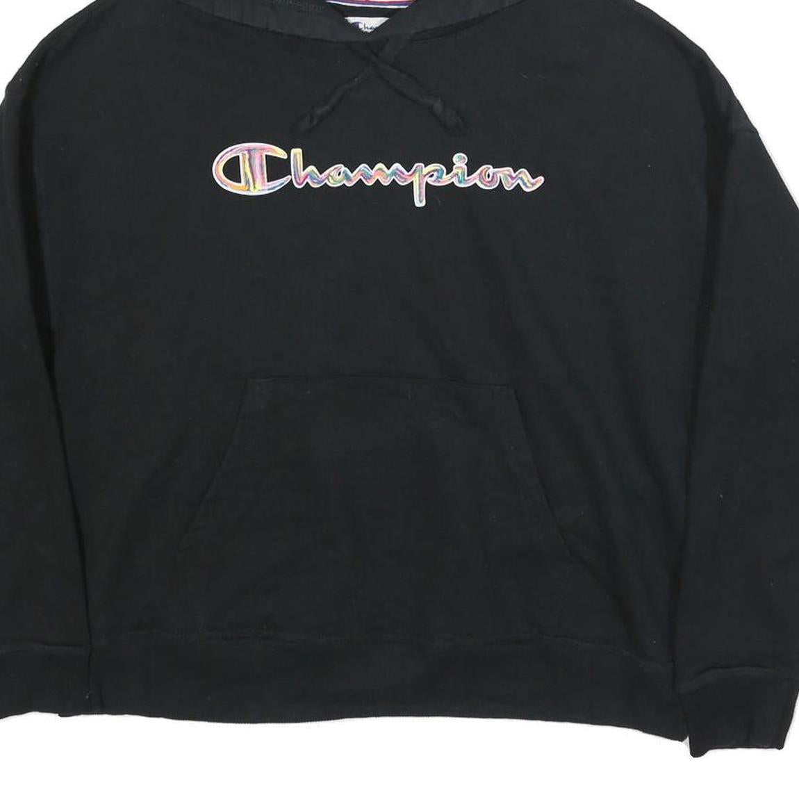 CHAMPION Womens Black Hooded Pullover Hoodie L Embroidered Logo