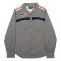 HARLEY DAVIDSON Womens Grey Shirt L Cotton Blend Racing Patch Long Sleeve Button