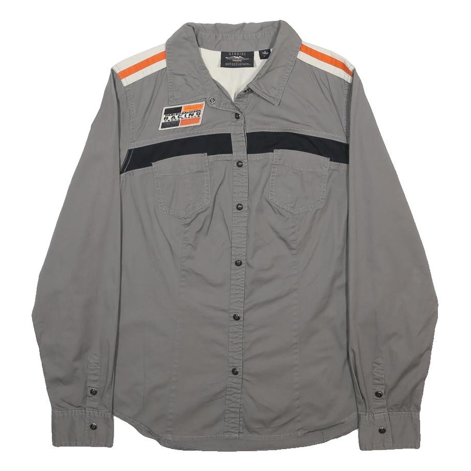 HARLEY DAVIDSON Womens Grey Shirt L Cotton Blend Racing Patch Long Sleeve Button