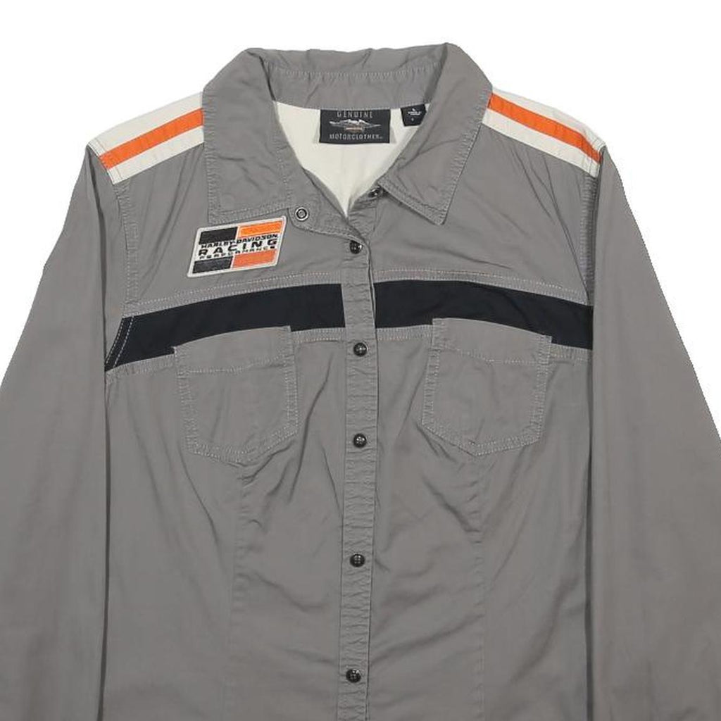 HARLEY DAVIDSON Womens Grey Shirt L Cotton Blend Racing Patch Long Sleeve Button