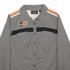 HARLEY DAVIDSON Womens Grey Shirt L Cotton Blend Racing Patch Long Sleeve Button