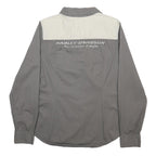 HARLEY DAVIDSON Womens Grey Shirt L Cotton Blend Racing Patch Long Sleeve Button