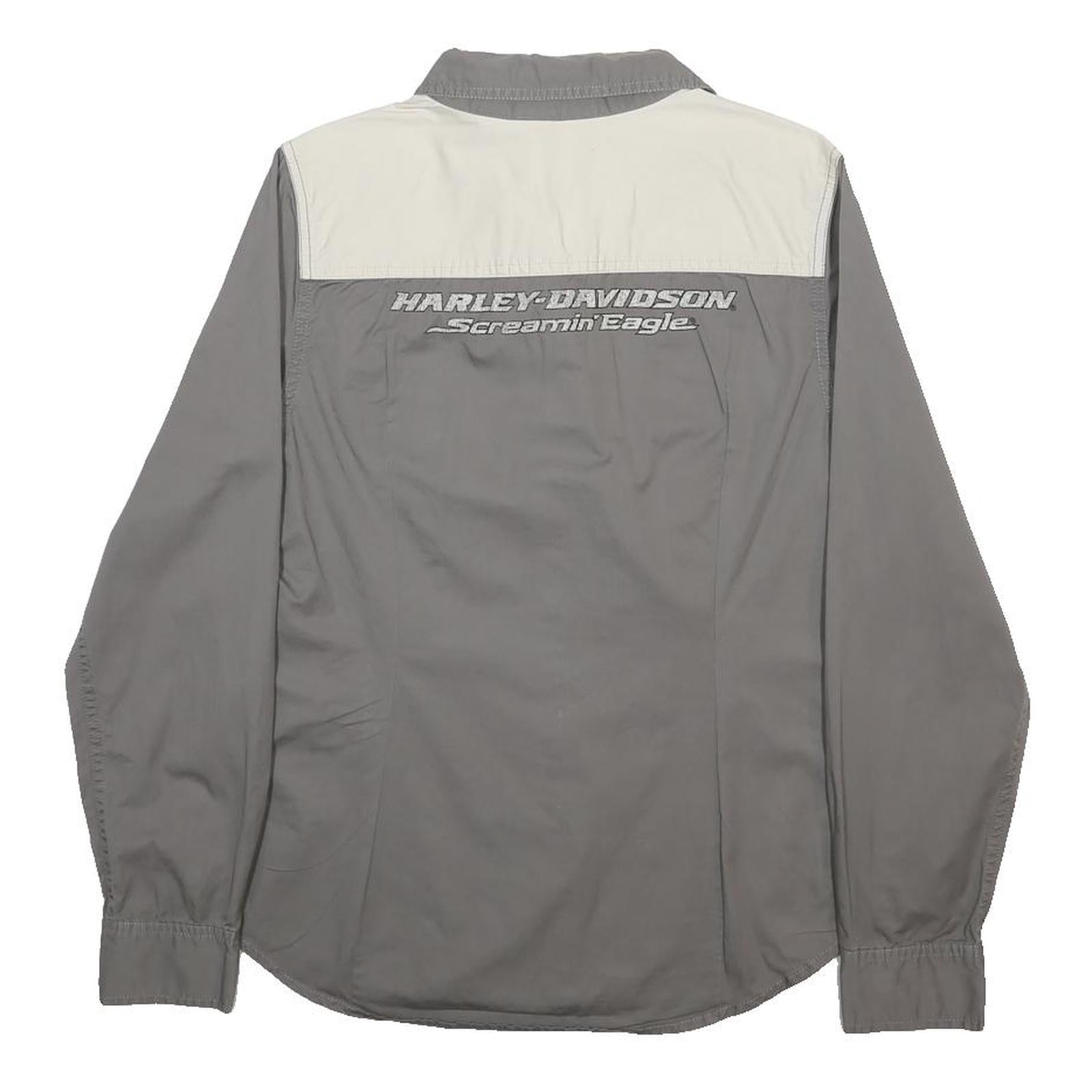 HARLEY DAVIDSON Womens Grey Shirt L Cotton Blend Racing Patch Long Sleeve Button